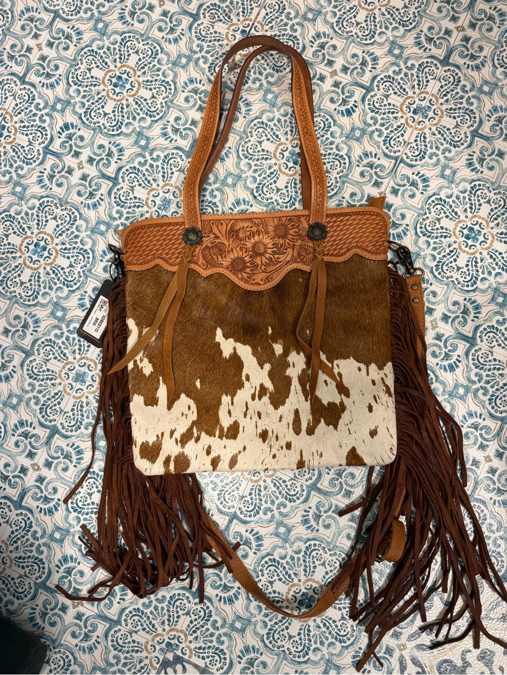 American Darling Brown and White Cowhide Fringe Shoulder Bag